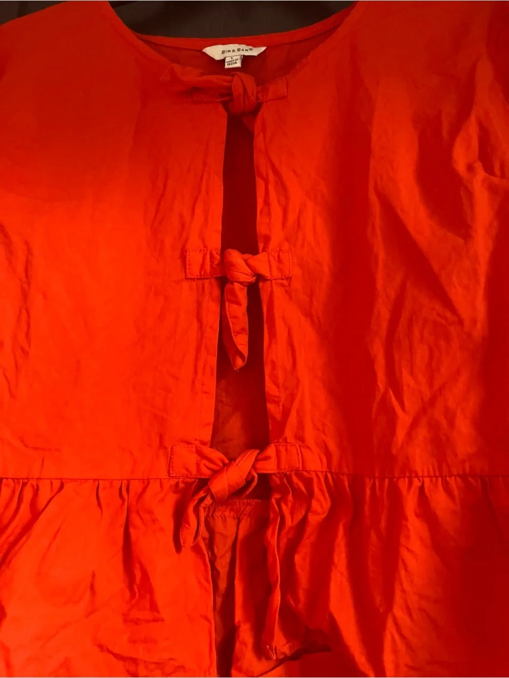 Puff Sleeve Vibrant Red Orange Cotton Blouse with Tie Closure Size L Boho Summer - Picture 11 of 12